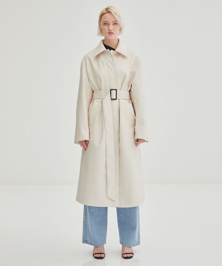 Leather Oversized Single Coat - Ivory