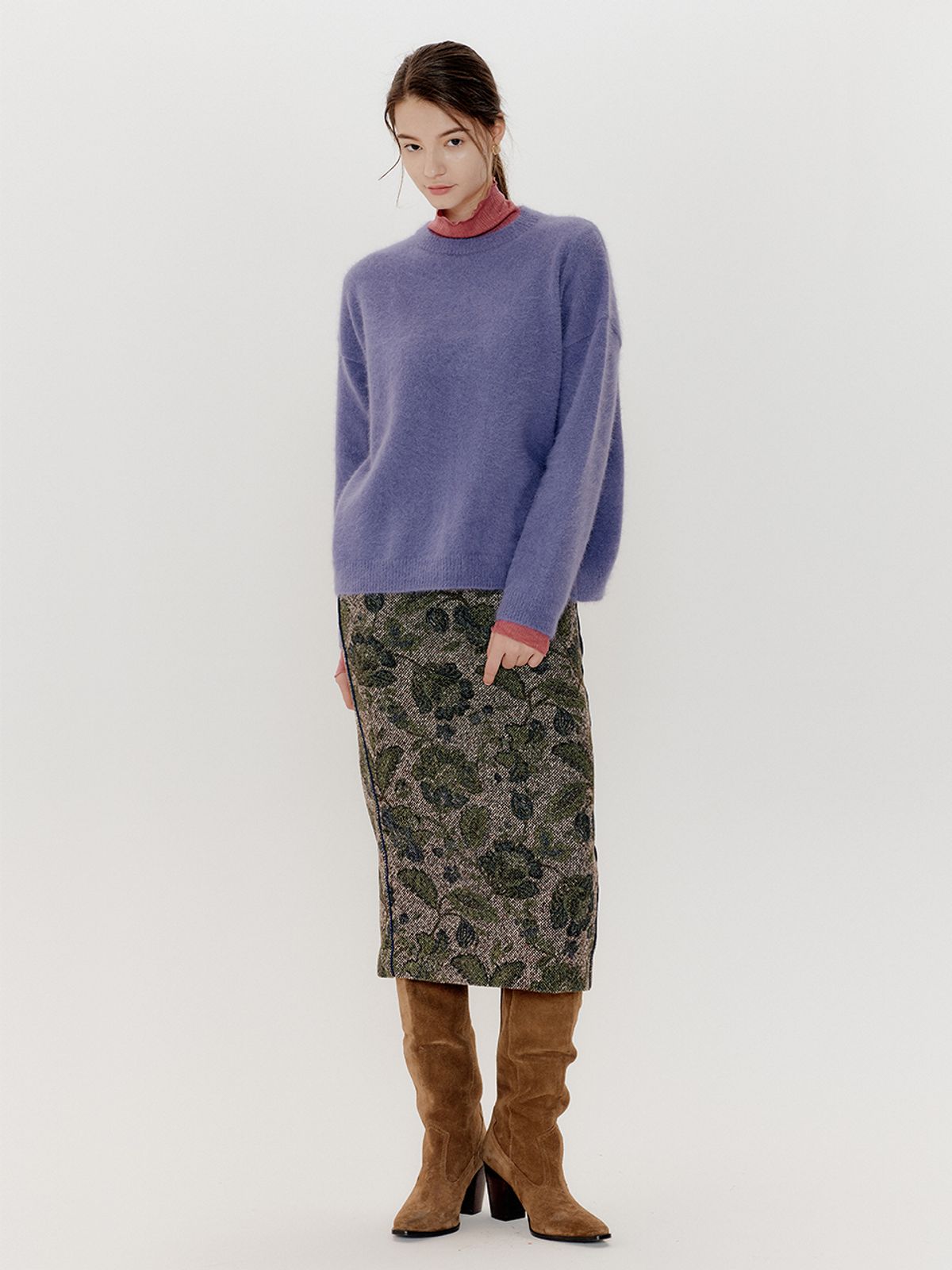 오앨(OUEL) FLOWER PAINTED WOOL MIDI SKIRT_GREEN