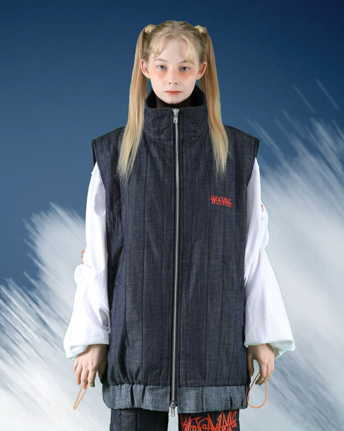 우빙(WOOVING) PADDED DENIM VEST (NAVY)