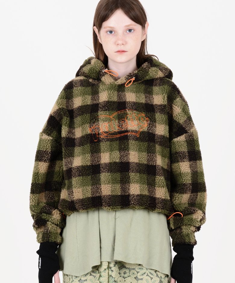 SHERPA CHECKER CROP HOODIE (OLIVE)