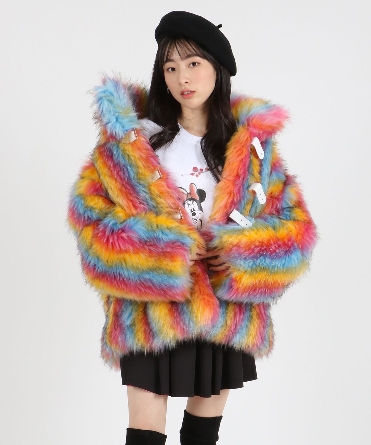 블라뱅(BLAHBANG) 벨트 장식 무지개 fur재킷