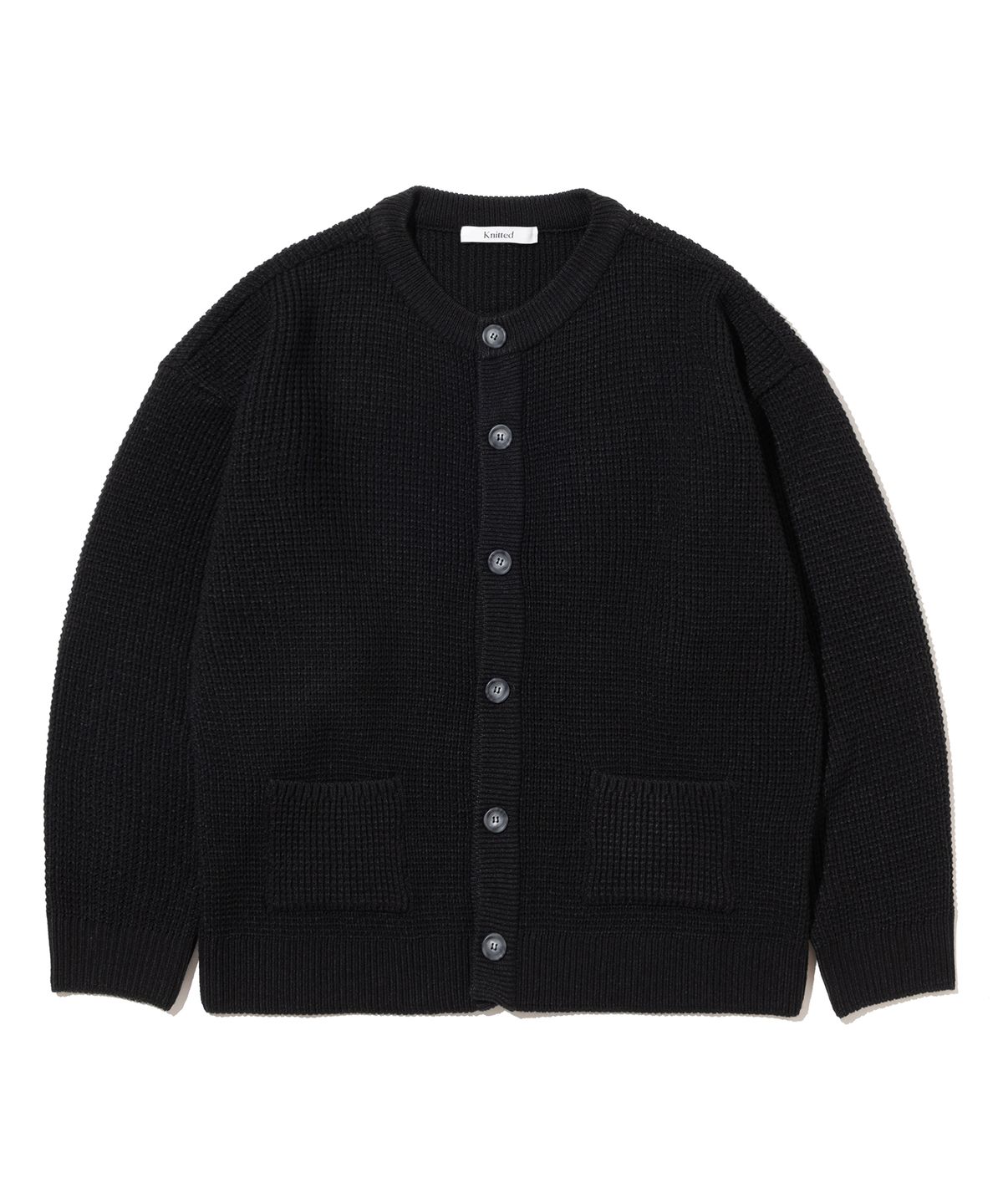 니티드(KNITTED) 안티필링 볼륨 와플 가디건 BLACK