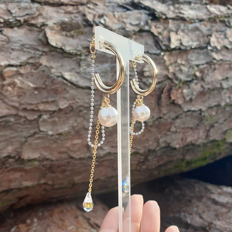 Cuff  커프 스와로브스키 진주 롱 드롭 귀걸이_화이트