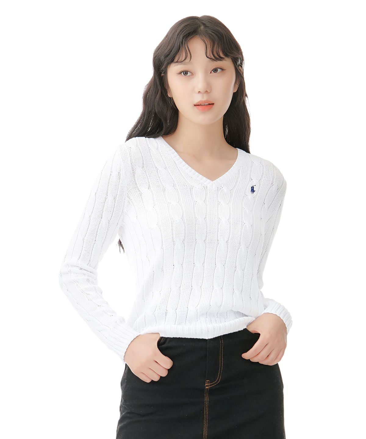 폴로 랄프 로렌(POLO RALPH LAUREN) W 케이블니트 V넥 스웨터 - 화이트