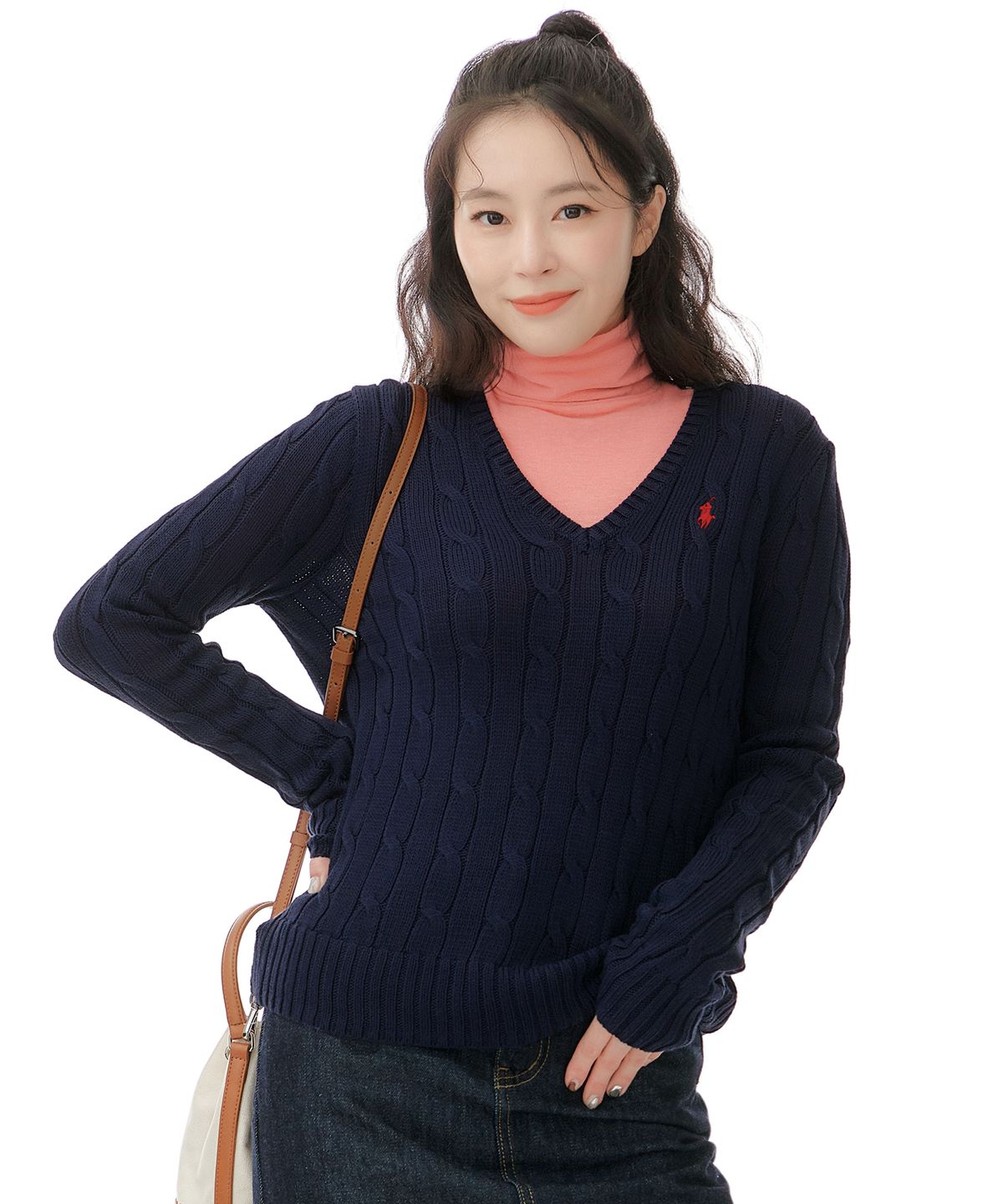 폴로 랄프 로렌(POLO RALPH LAUREN) W 케이블니트 V넥 스웨터 - 네이비
