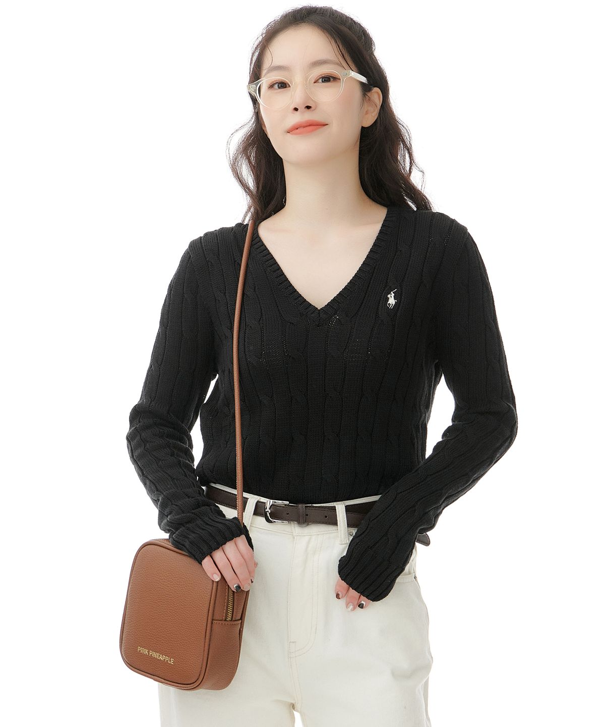 폴로 랄프 로렌(POLO RALPH LAUREN) W 케이블니트 V넥 스웨터 - 블랙