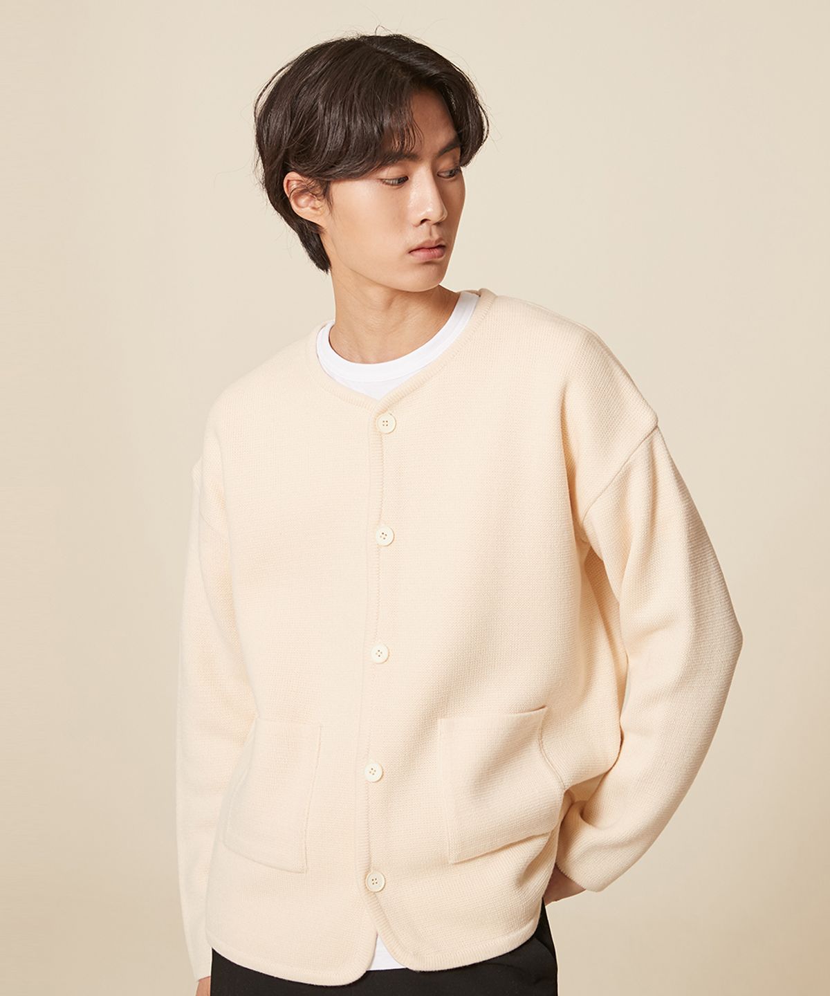 블론드나인(BLOND9) ROUND NECK SMALL RIB KNIT CARDIGAN_IVORY