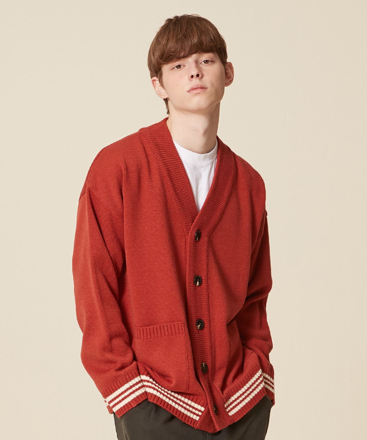 블론드나인(BLOND9) THREE LINES POINT HEM KNIT CARDIGAN_RED BRICK