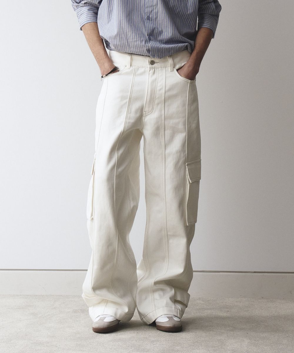 MUSINSA | MAISON MINED HEM BUTTON UTILITY CARGO PANTS WHITE