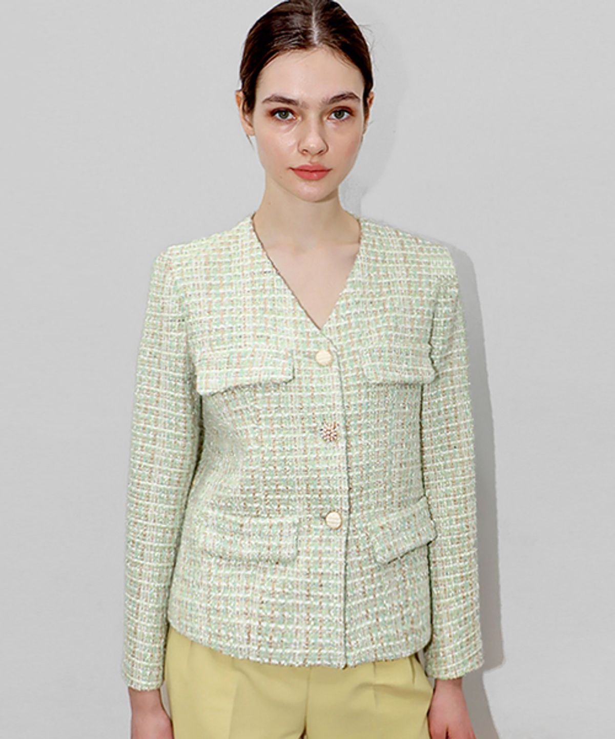 데미지니모닉(DAMAGE MNEMONIC) 그린 트위드 브이넥 자켓_Green Tweed V neck JK