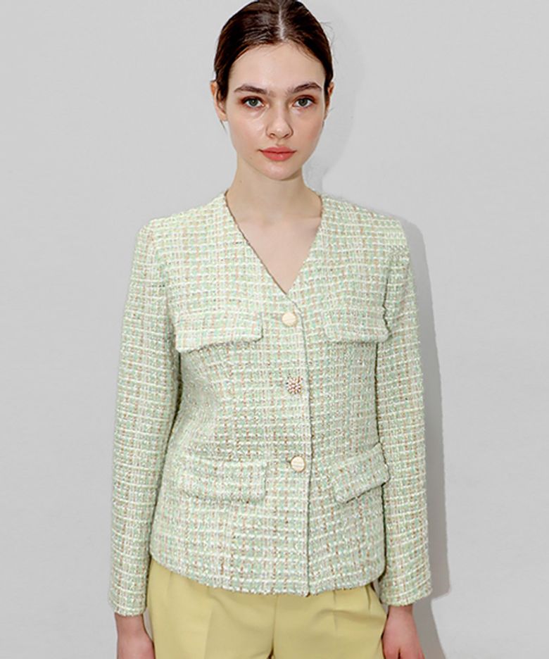 그린 트위드 브이넥 자켓_Green Tweed V neck JK