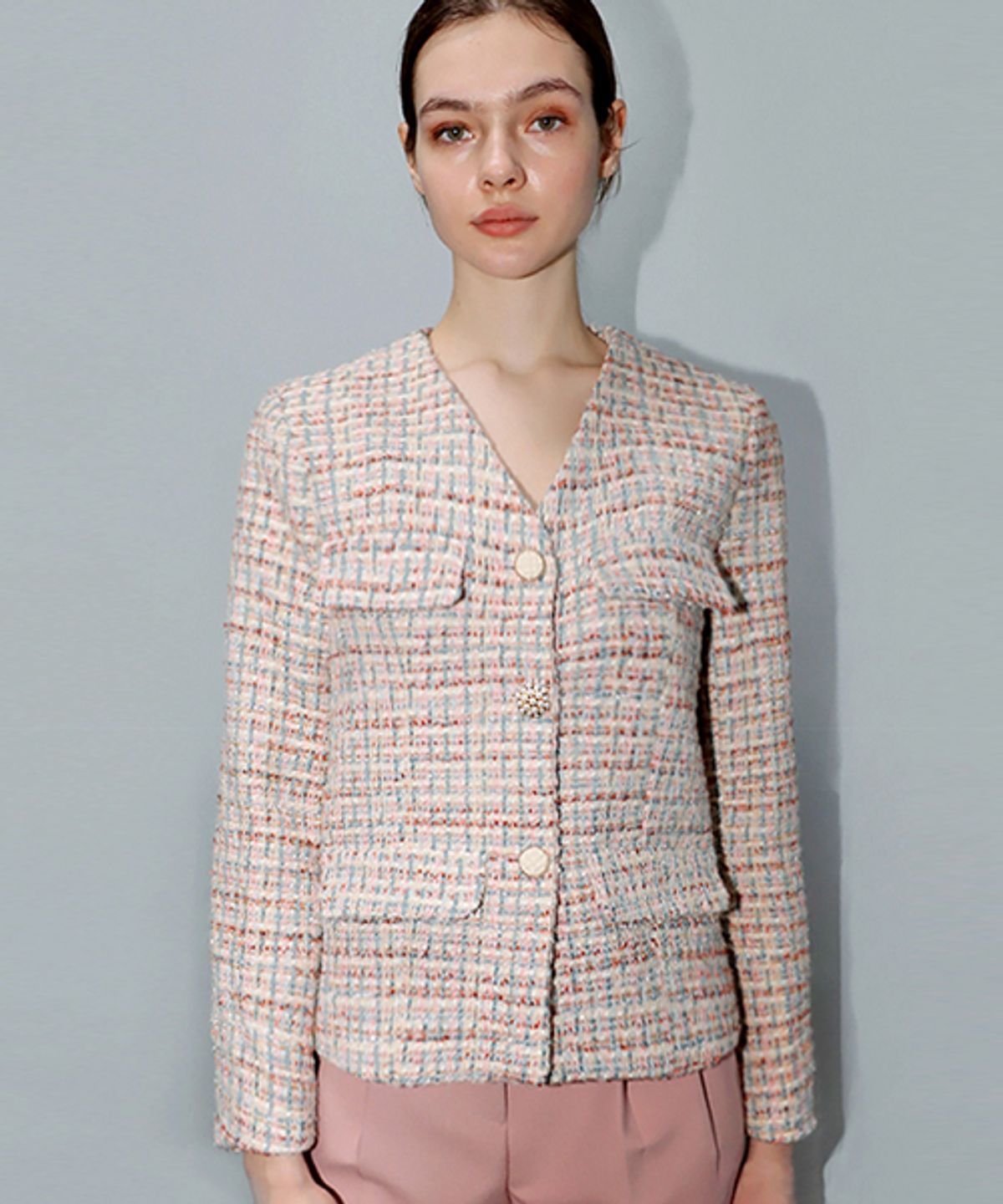 데미지니모닉(DAMAGE MNEMONIC) 핑크 트위드 브이넥 자켓_Pink Tweed V- neck JK