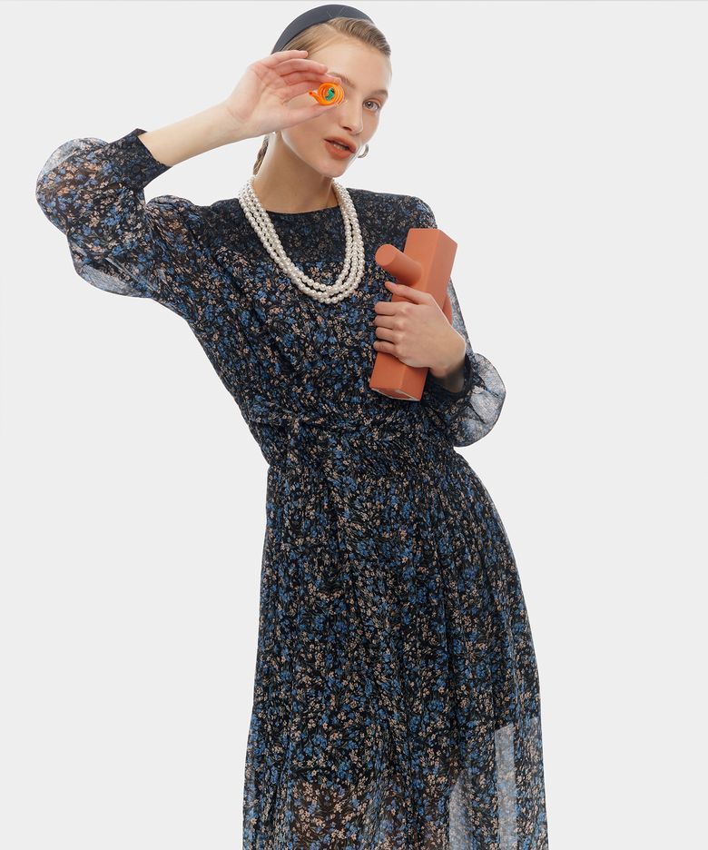 Smock Shirring Lace Dress  Blue