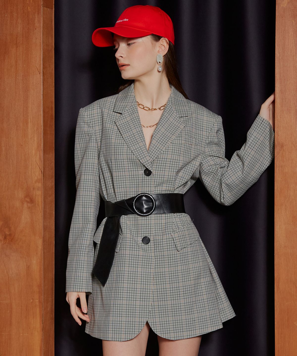 포지티브 바이브(POSITIVE VIBE) Oversized single breasted wool jacket(Gray Check&Orange Marmalade)