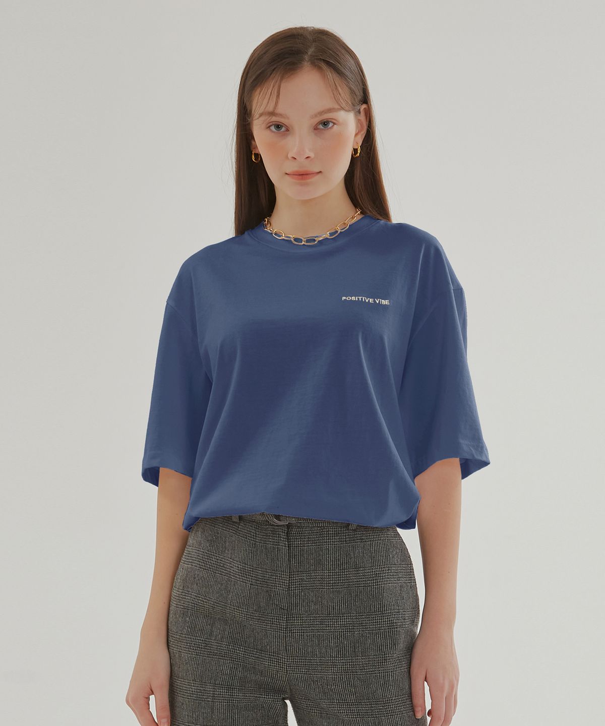 포지티브 바이브(POSITIVE VIBE) [UNISEX] Logo-embroidered oversized cotton-jersey T-shirt(Classic Blue)_W