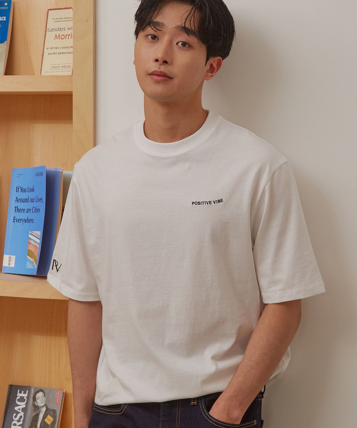 포지티브 바이브(POSITIVE VIBE) [UNISEX] Logo-embroidered oversized cotton-jersey T-shirt(White)
