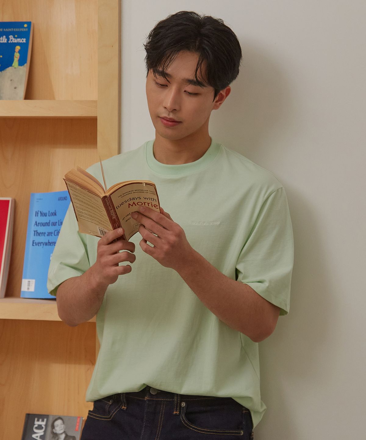 포지티브 바이브(POSITIVE VIBE) [UNISEX] Logo-embroidered oversized cotton-jersey T-shirt(Mint Green)