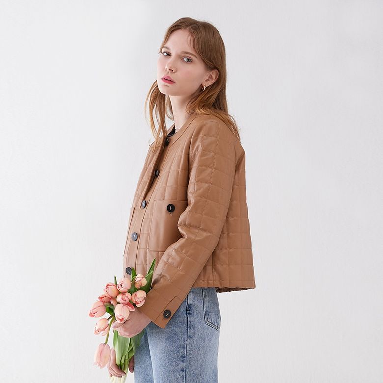 LAMB SKIN QUILTING NO COLLAR CROP JACKET CAMEL