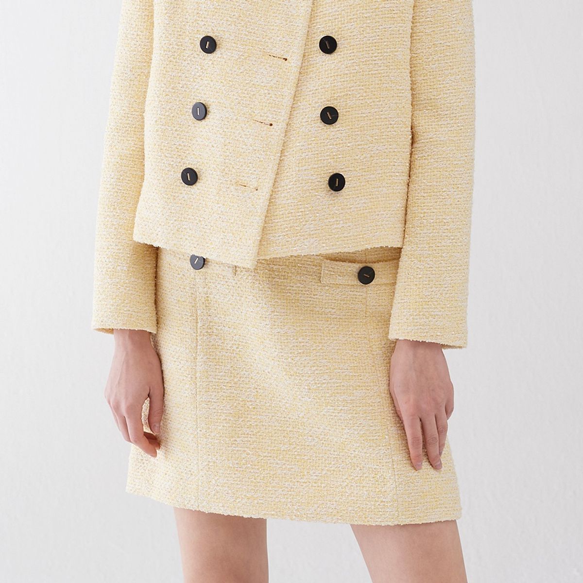 핀블랙(PINBLACK) TWEED BUTTON POCKET MINI SKIRT YELLOW