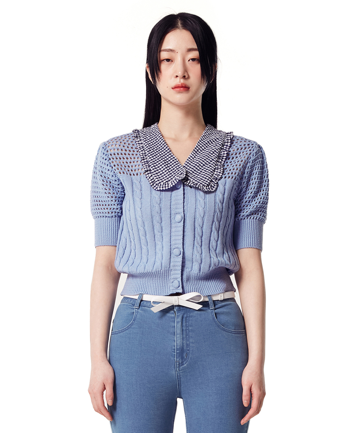 오아이오아이 컬렉션(OIOI COLLECTION) CROCHET COLLAR POINT CARDIGAN [SKY BLUE]