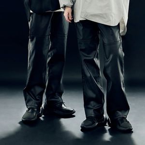 베이직 가죽패치 와이드 레더 팬츠 (블랙)