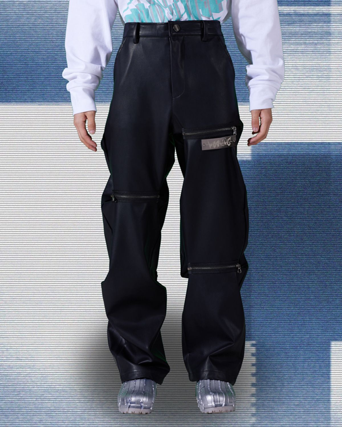 우빙(WOOVING) ZIP CREASE LEATHER PANTS (BLACK)