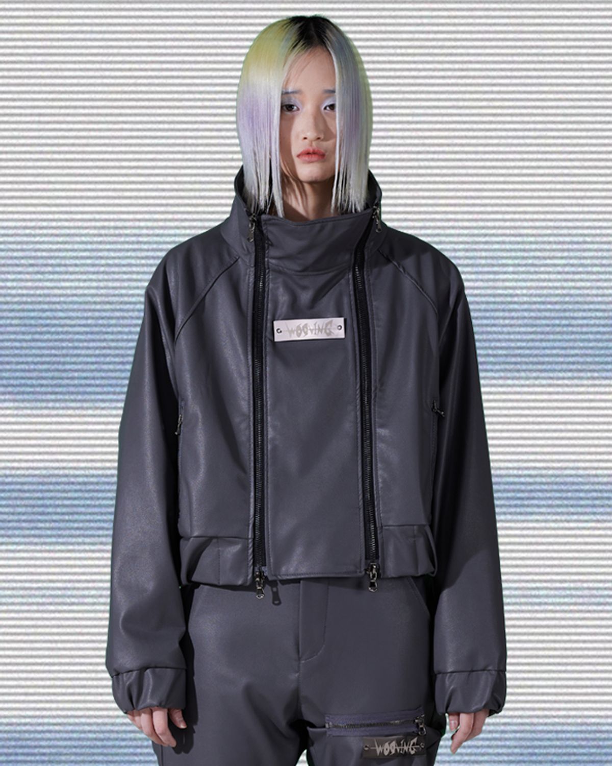 우빙(WOOVING) HIGHNECK LEATHER SHORT JACKET (GRAY)