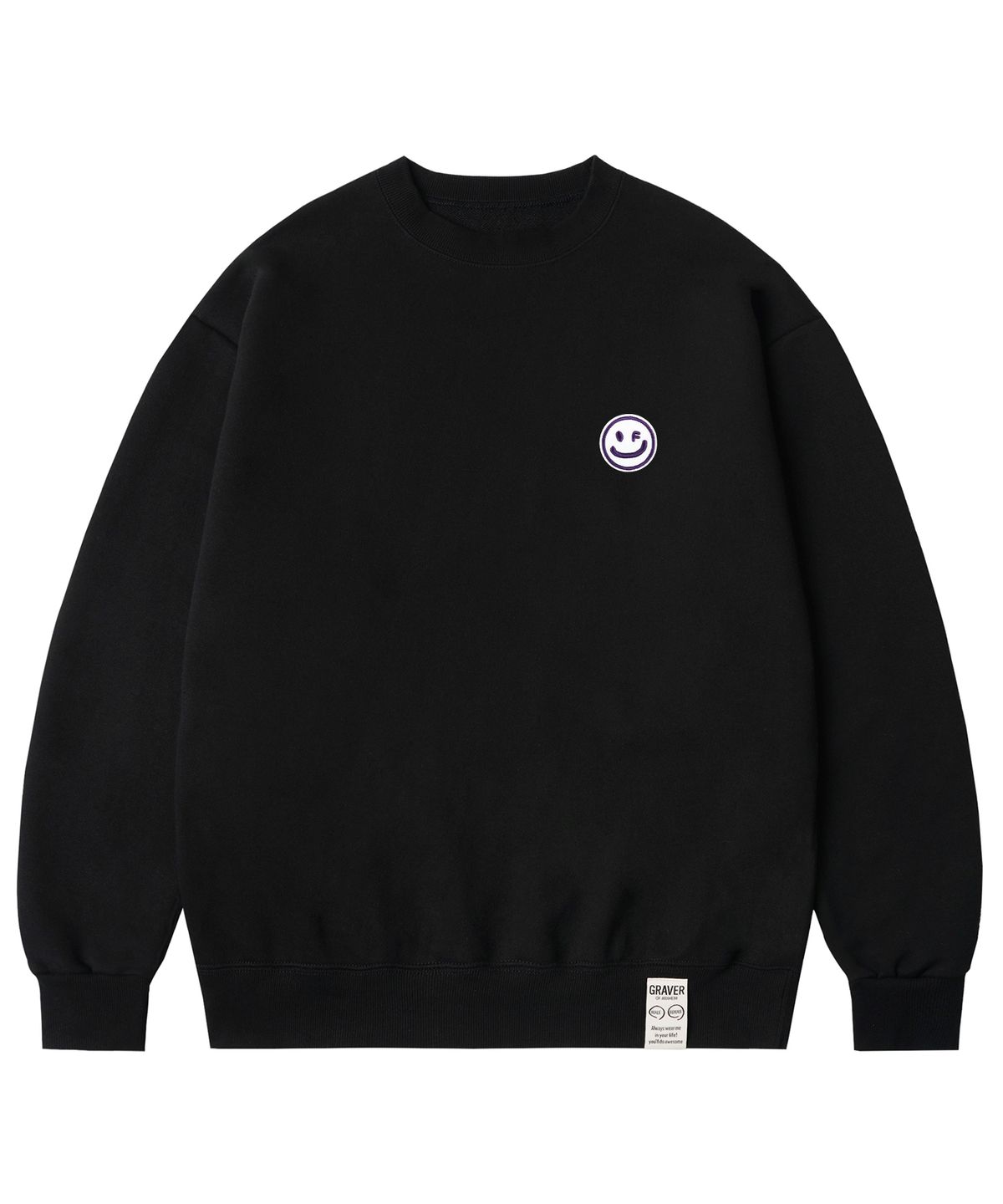 그레이버(GRAVER) [UNISEX]스마일 드로잉 퍼플 자수 맨투맨_블랙