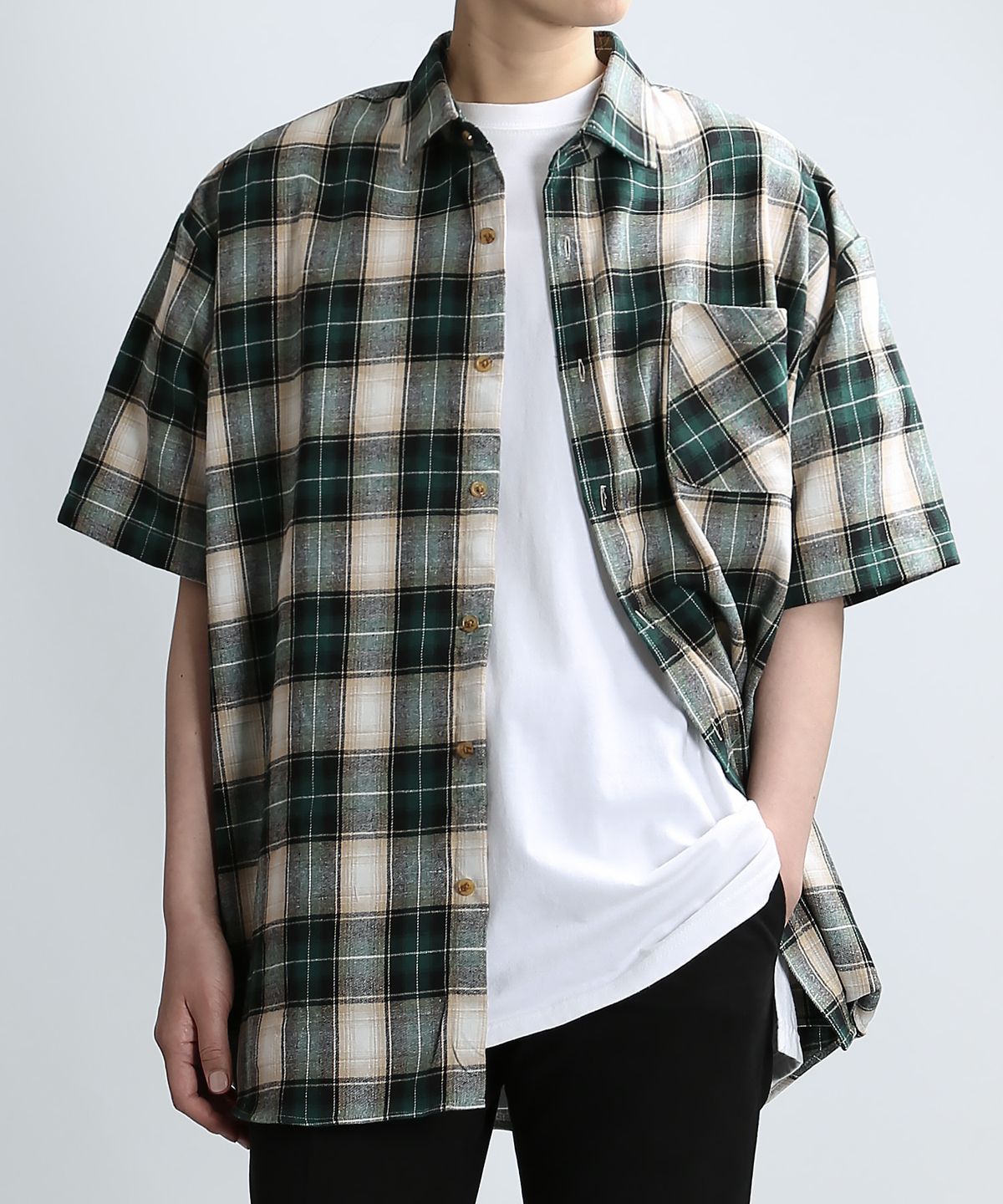 쟈니웨스트(JHONNY WEST) Leaguer Check Half Shirts (EVE.GREEN)