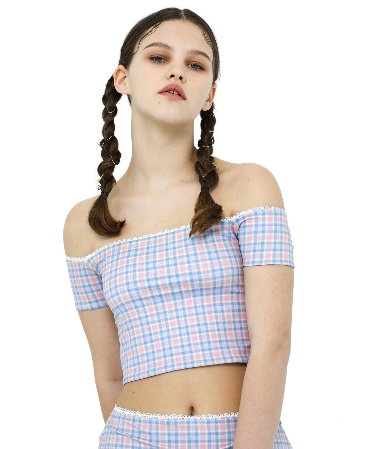 어나더에이(ANOTHER A) Check Off-Shoulder Top[ Pink/Yellowgeen ]