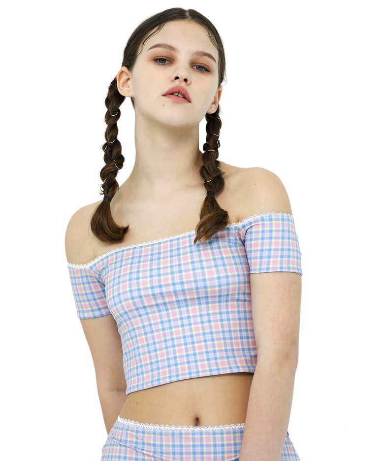 Check Off-Shoulder Top[ Pink/Yellowgeen ]