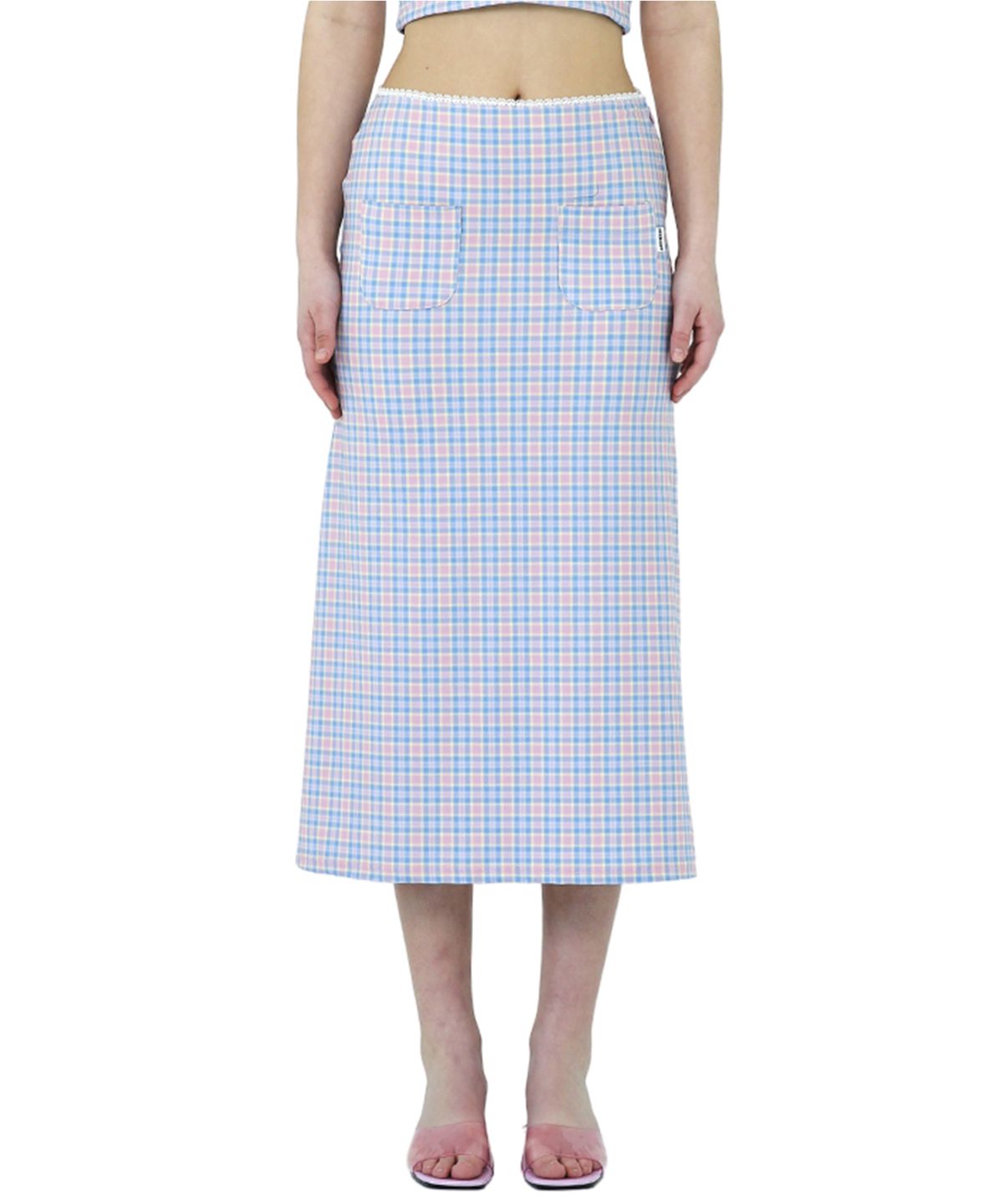 어나더에이(ANOTHER A) Check Mermaid Skirt [ Pink/Yellowgreen ]