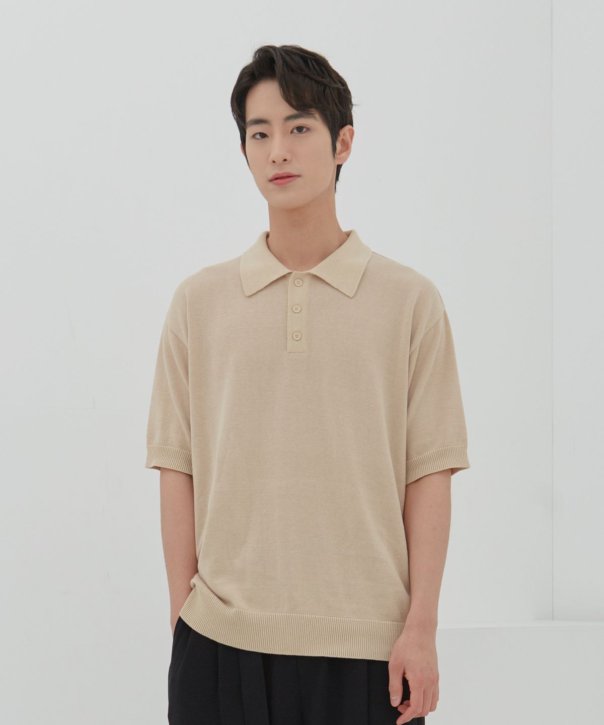 테스터먼트(TESTAMENT) Button Collar Short Sleeve knit (Beige)