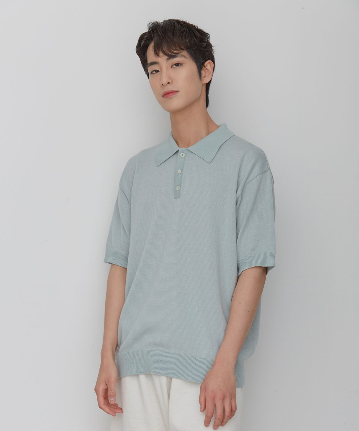 테스터먼트(TESTAMENT) Button Collar Short Sleeve knit (Mint Grey)
