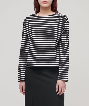 우먼즈 스트라이프 보트 넥 긴소매 티셔츠 [블랙/아이보리]