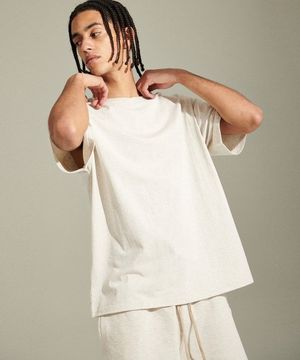 더블 넥 라인 셋업 세미 오버핏 반팔티 (오트밀멜란지)