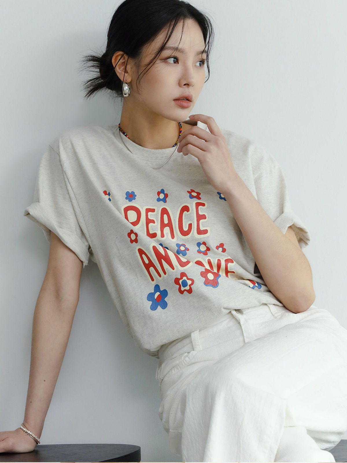 웨이브유니온(WAVE UNION) Peace and love T-shirt heather oatmeal