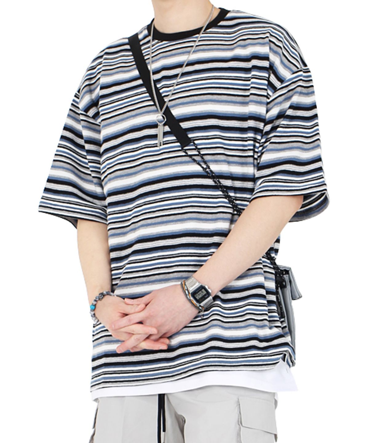 아차(ACHA) 루즈핏 멀티 스트라이프 니트 반팔 _ 블루