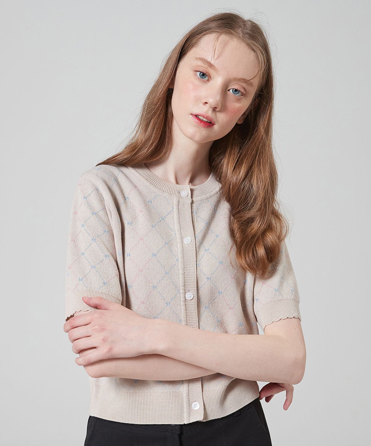 블론드나인(BLOND9) SUMMER ARGYLE KNIT CARDIGAN_BEIGE