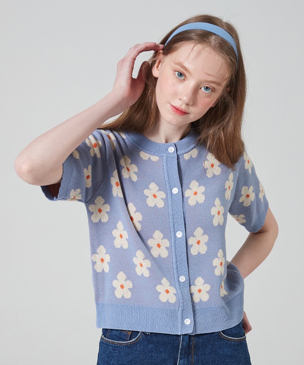 블론드나인(BLOND9) SUMMER FLOWER KNIT CARDIGAN_SKY BLUE