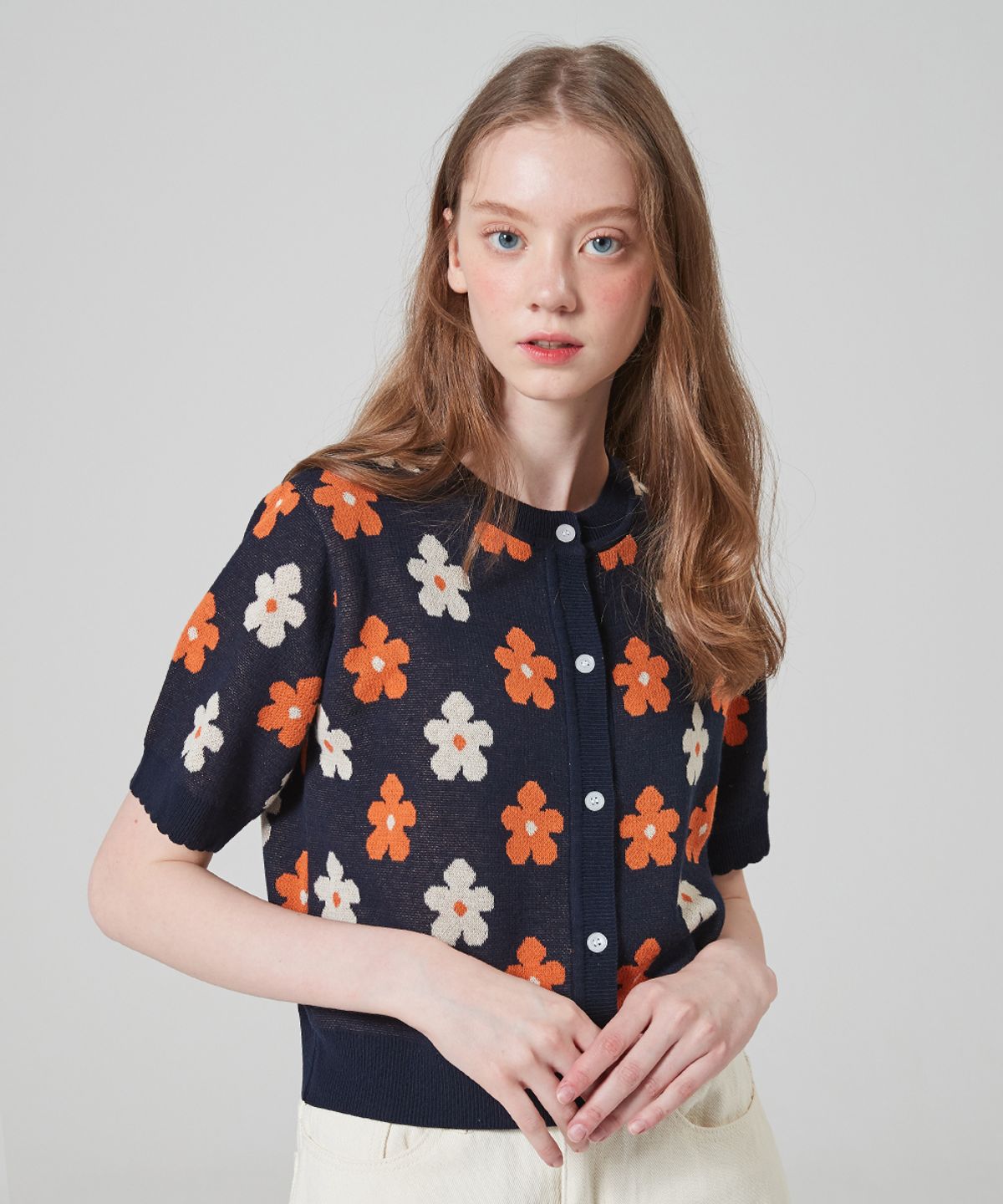 블론드나인(BLOND9) SUMMER FLOWER KNIT CARDIGAN_NAVY