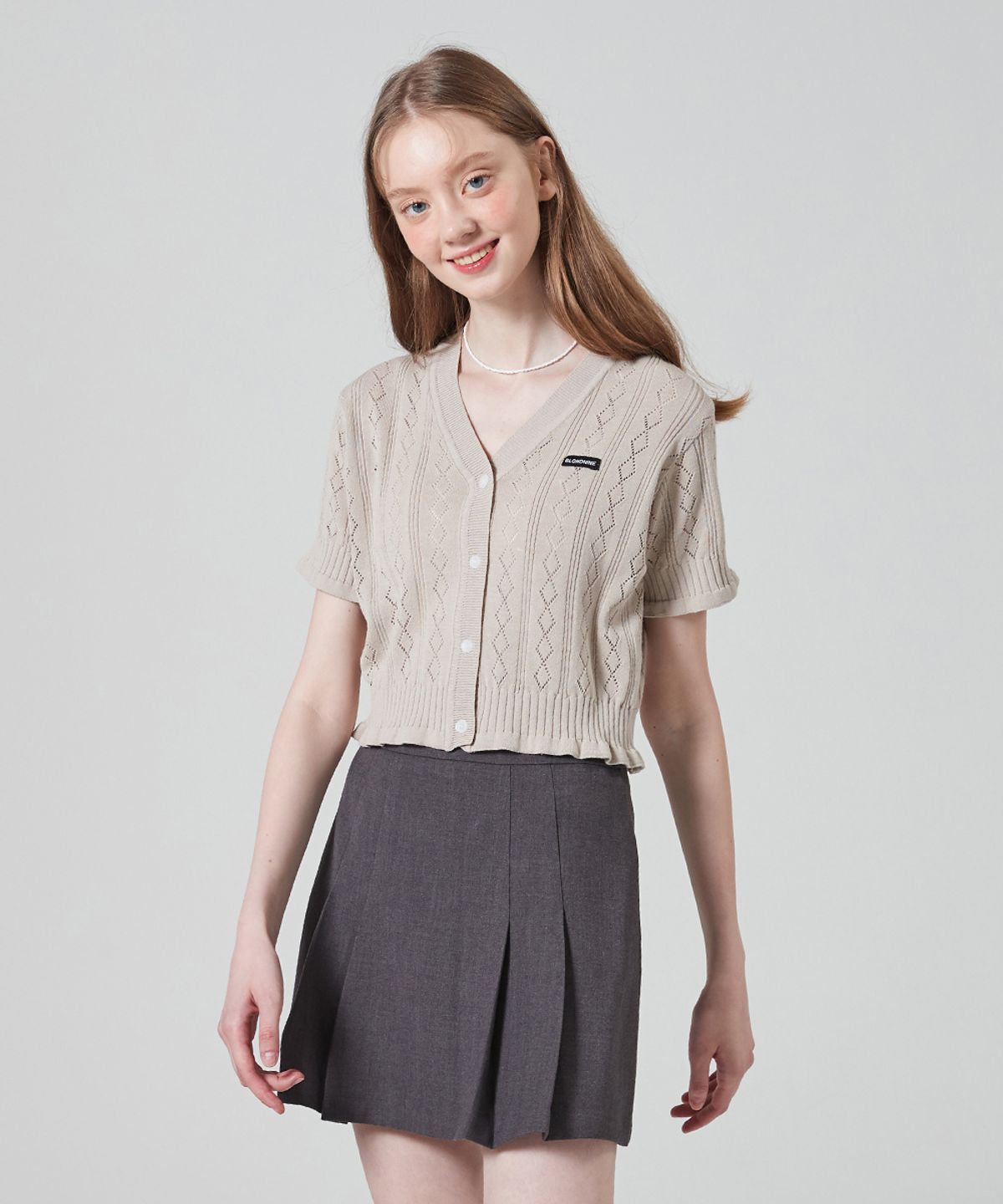 블론드나인(BLOND9) PUNCHING V NECK KNIT CARDIGAN_SAND BEIGE