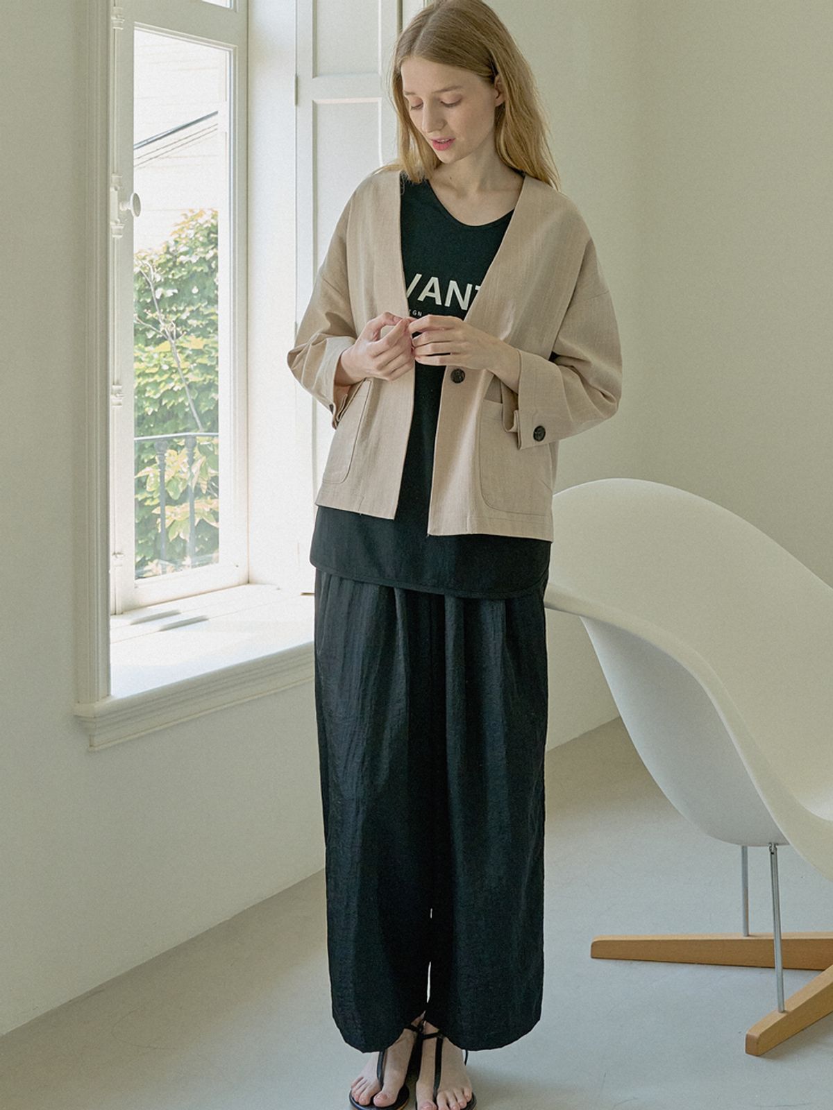 아방(AVANT-G) Volume Sleeve  Linen Cardigan Jacket - Beige