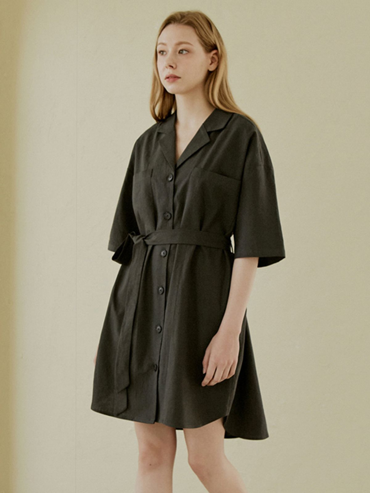 아방(AVANT-G) Oversized Boyfit Linen Shirt Dress - Dark Grey