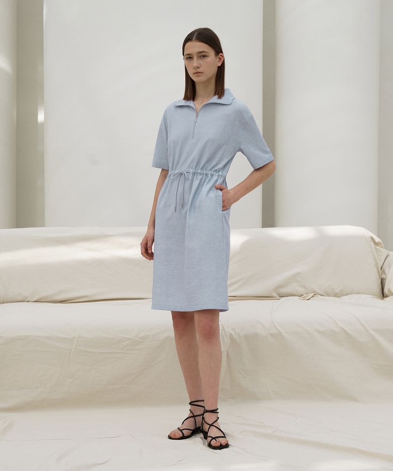 ZIP NECK DRAWSTRING WAIST MIDI DRESS