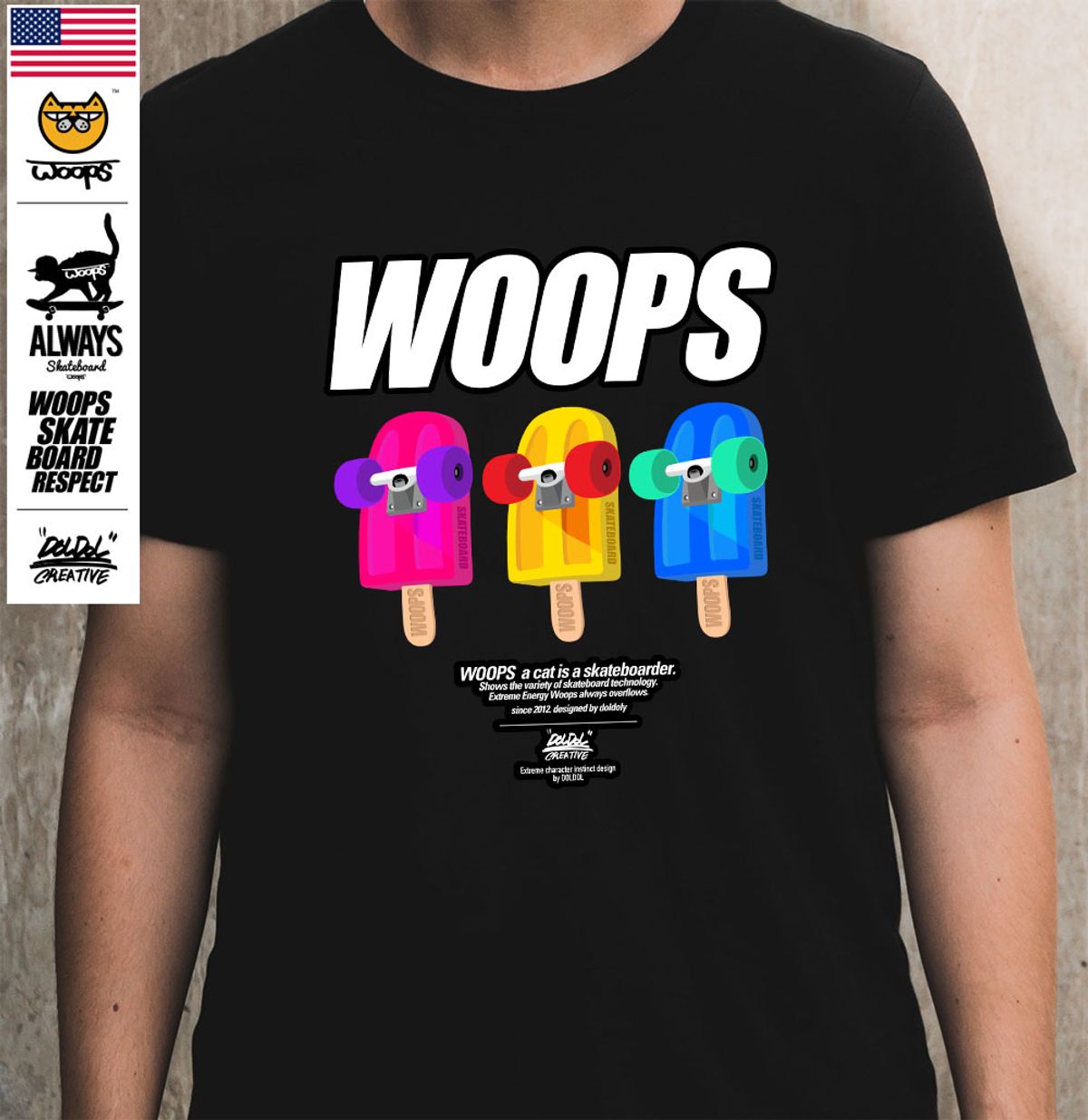돌돌(DOLDOL) WOOPS-T-115  스케이트보드 고양이 웁스 캐릭터 그래픽티셔츠