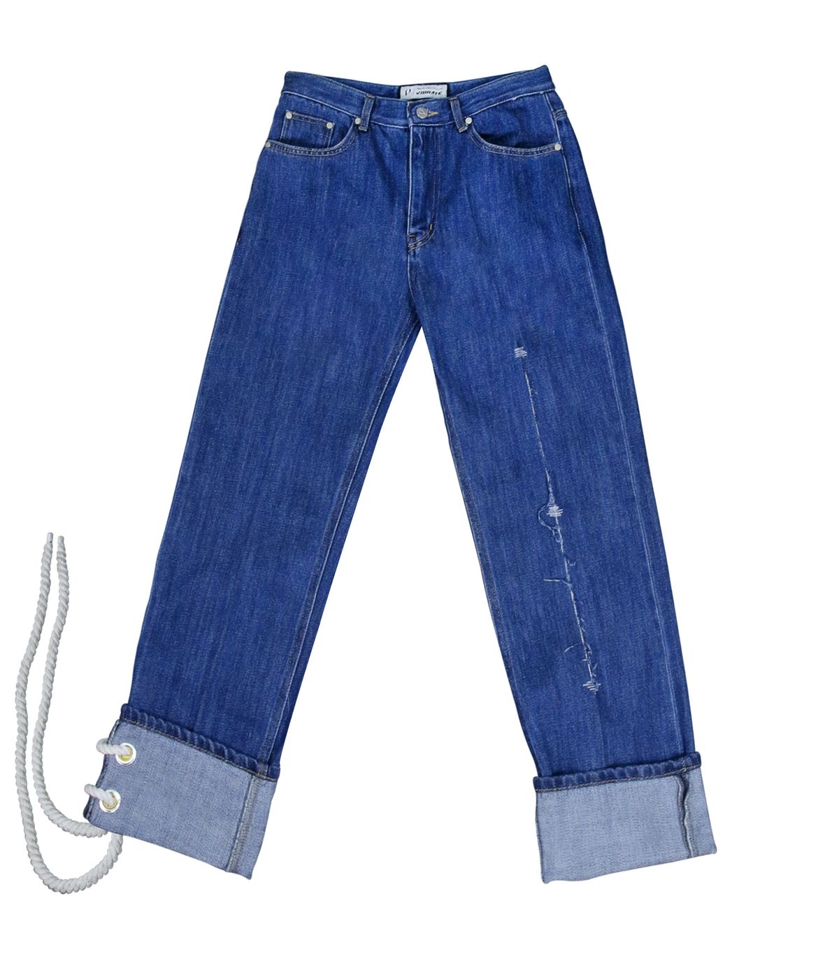 바이브레이트(VIBRATE) ANKLE SIDE ROPES EYELET DENIM PANTS (BLUE)