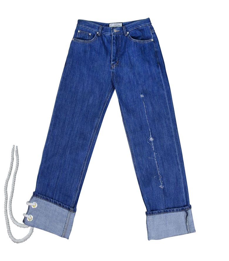 ANKLE SIDE ROPES EYELET DENIM PANTS (BLUE)