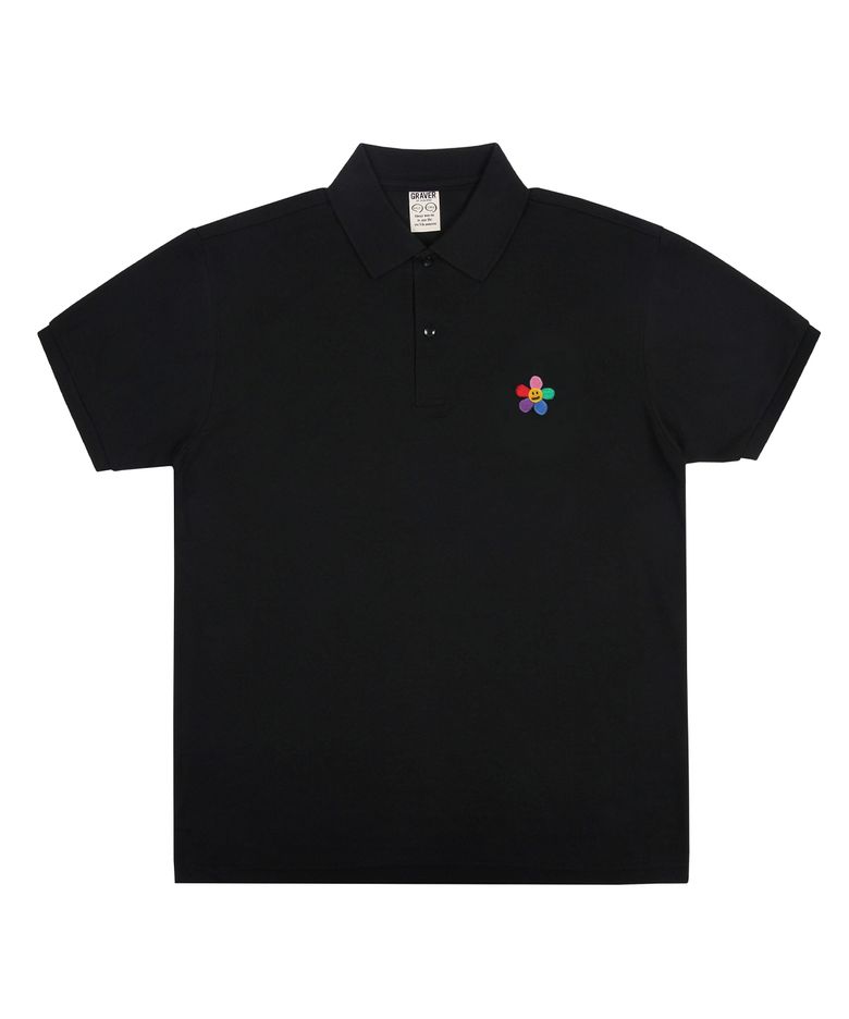 [UNISEX]레인보우 플라워 자수 피케 반팔티셔츠_블랙