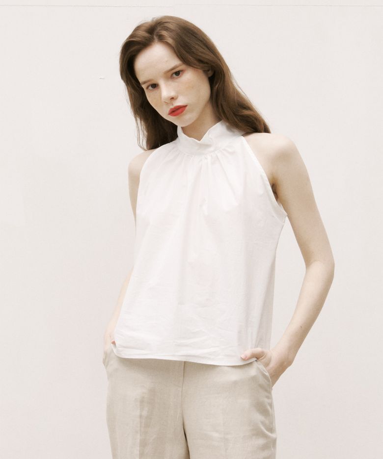 Shirring Halter Neck Back Button Blouse White